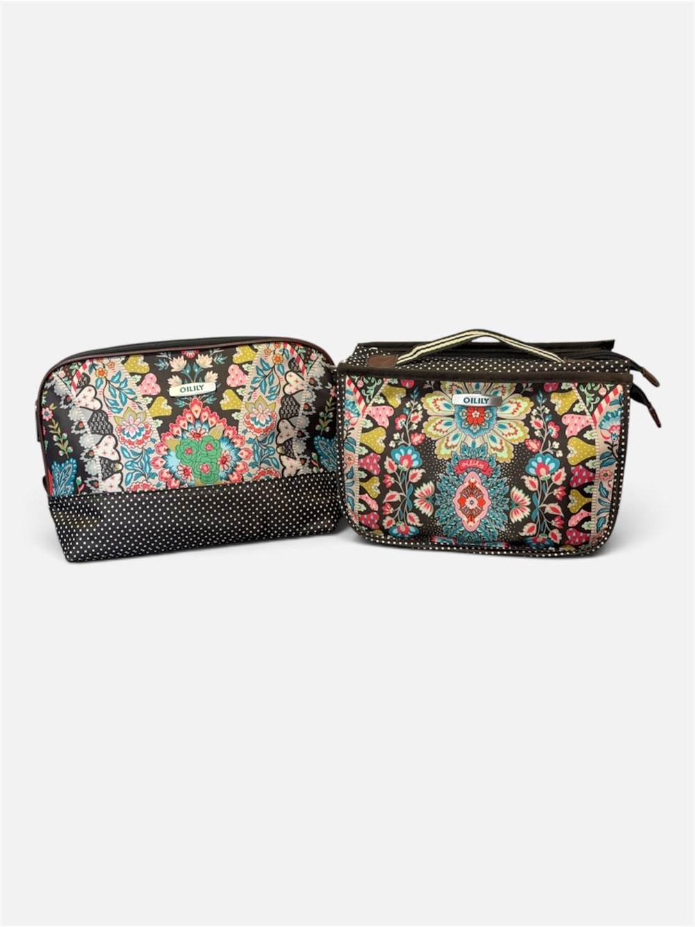 2-pc Oilily Polka Dot Paisley Brown Travel Toiletry Bag Organizer Case Set